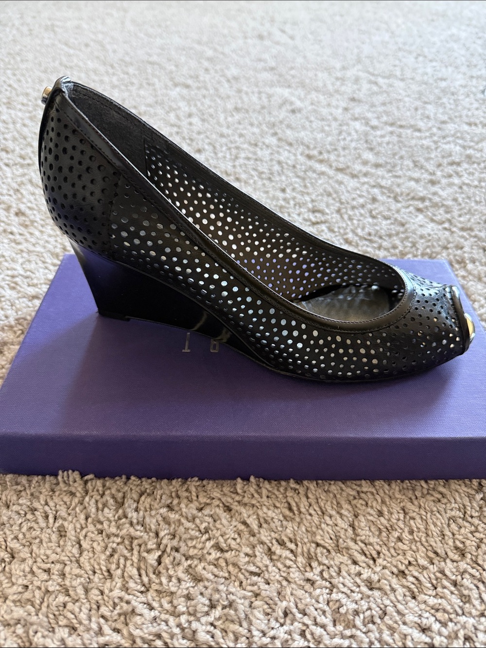 Stuart Weitzman Dotcomber Perforated Peep-Toe Wedge